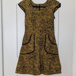 Nooworks Mustard Yellow and Black Geometric Fit-and-Flare Dress